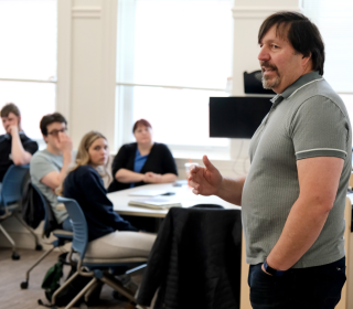 Author R.A. Salvatore speaking in Thompson Hall classroom