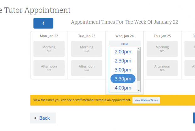 The time selection menu on the calendar to schedule a tutor appointment