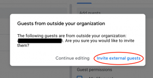 Screenshot showing how to invite an external guest to a Google Meet.