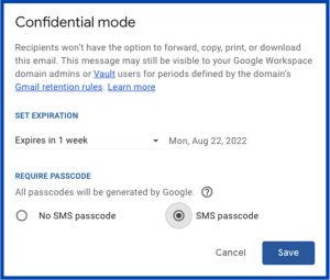 Image showing the Gmail confidential mode settings