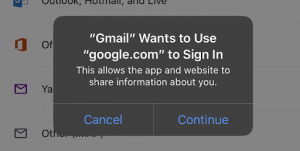 Screenshot showing the prompt Gmail Wants to Use google.com to Sign In.