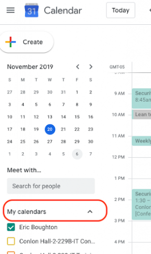 Screenshot showing the location of My calendars.