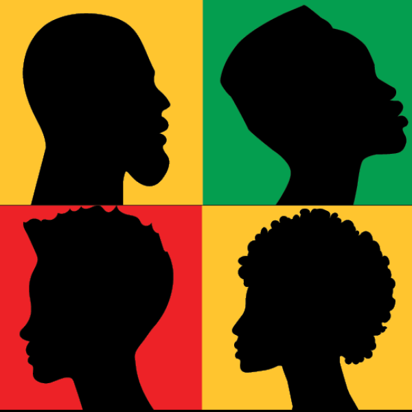 Black heads/silhouettes in red, green and yellow boxes