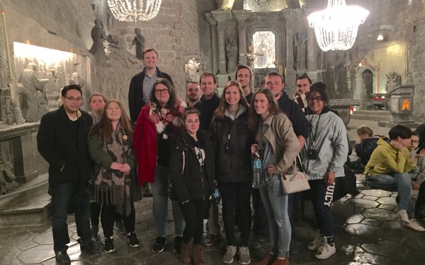 Group of students posing for a picture in the Wieliczka Salt Mine