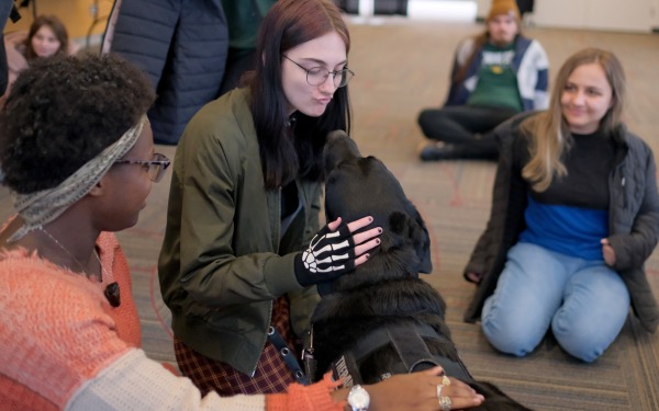 Therapy dogs in Hammond Main Lounge with female students