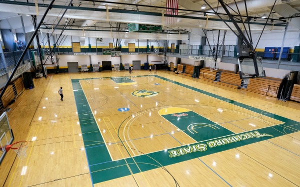 View from above of the gymnasium at rec center with students