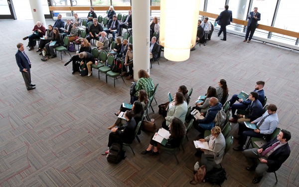 moot court participants in the main lounge from top balcony
