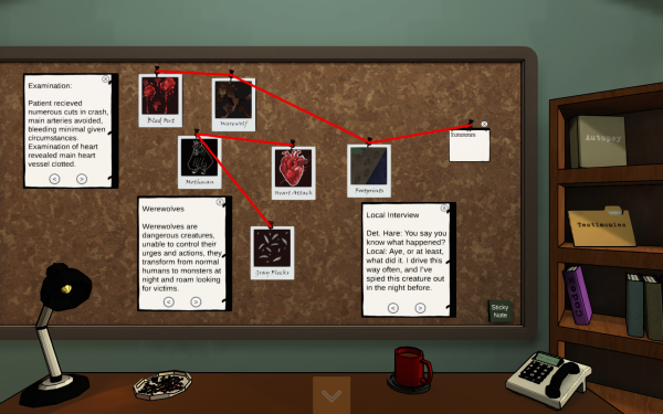 Bulletin board with evidence from case and red string connecting them all