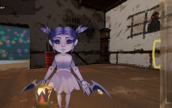 Plaything female character with wings holding lantern in basement room