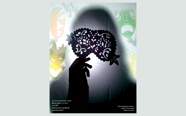 Photomontage poster silhouette with flowers and persona mask