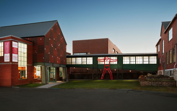 Exterior of the Fitchburg Art Museum at dusk 