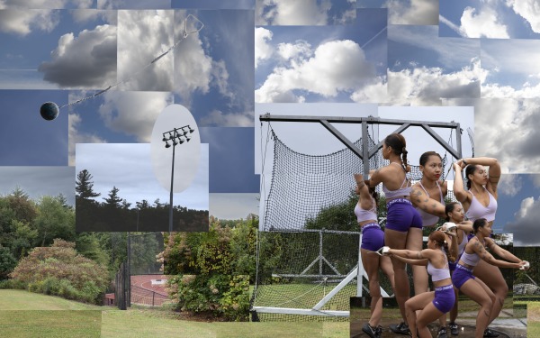 Track and field collage with girl doing weight throw