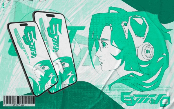 Anime graphic girl with headphones and two screens