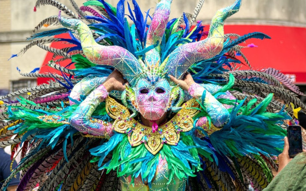 Mardi Gras Jester with mask and feathers.