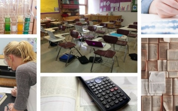 Collage of scientific materials, students studying, books, and classroom supplies