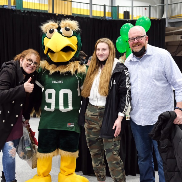 First Year Student, Parents and Freddy at Future Falcon Day