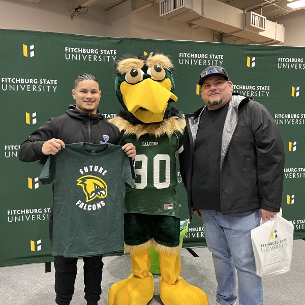 Student and father with Freddy at Future Falcon Day