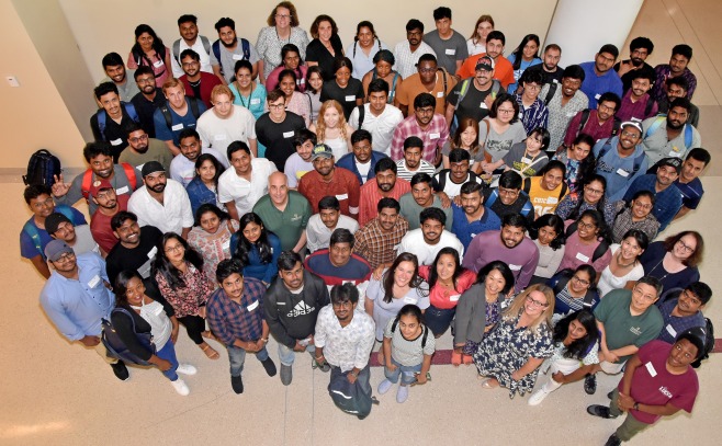 Overhead group shot in Hammond of all international students and staff at orientation Aug 2022