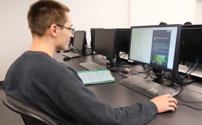 Male student working at desktop computer