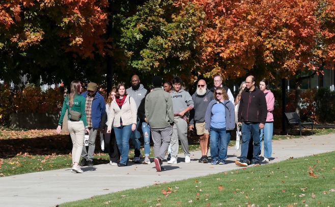 Fall open house tour group on the quad