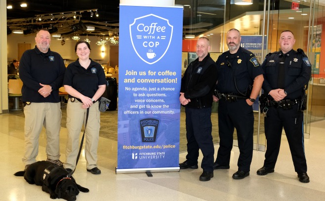 Coffee with a cop 5 officers and K9 Odin in Hammond