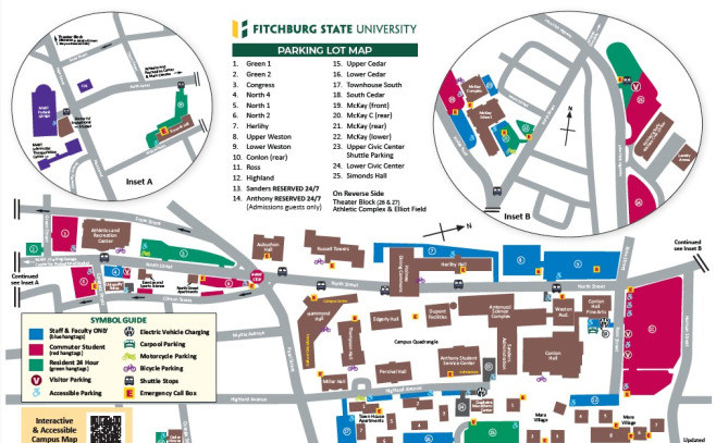 Fitchburg State Parking Lot Map with QR code for accessible map.