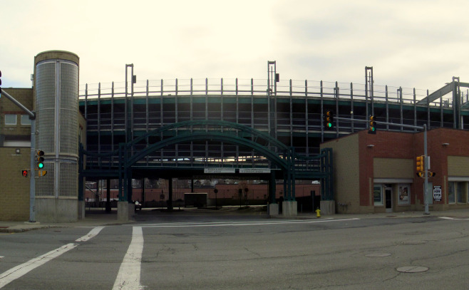 View from across Main Street of MART garage and CPS.