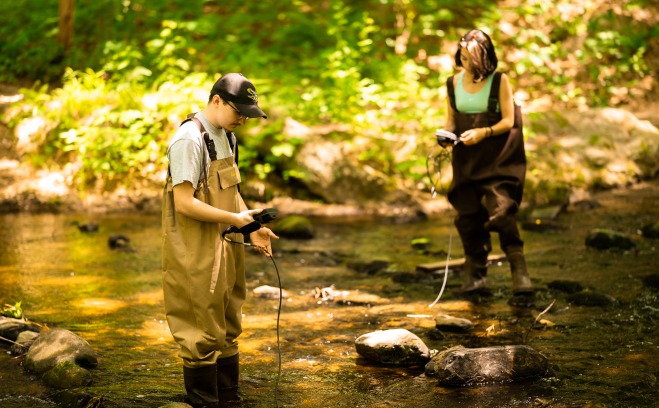 students analyzing water in a river