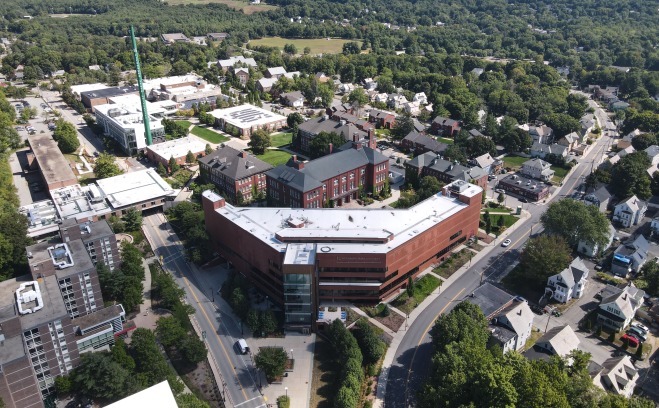 Drone picture above campus with Hammond Hall and all buildings