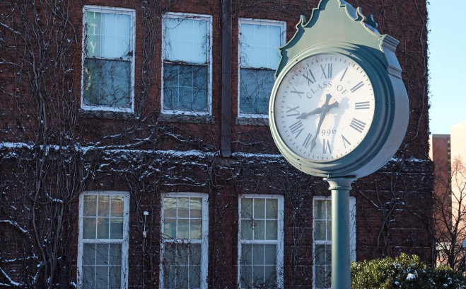 Clock on the quad in the winter