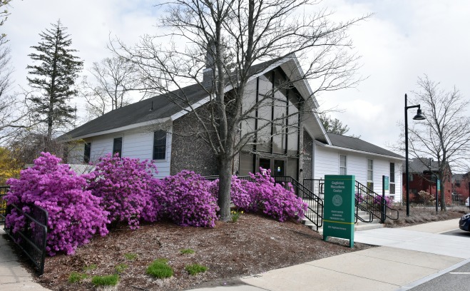 Outside of Mazzaferro building in early spring with azaleas in bloom