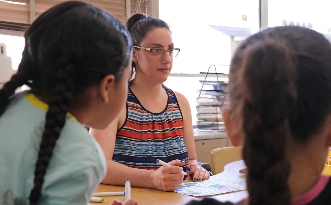 Teacher at table with students in the classroom