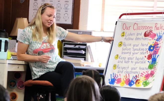 Teacher in a first grade classroom with students discussing rules