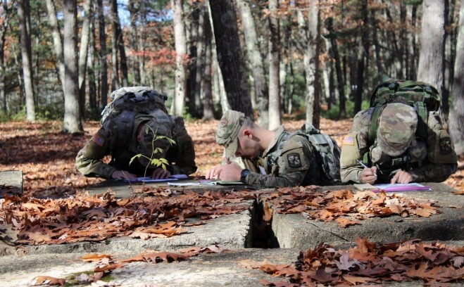 ROTC recruits on ground in the woods
