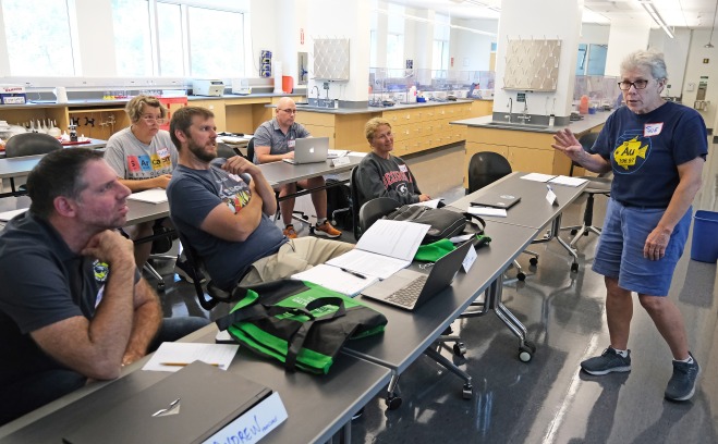 Students listening to professor at front of the class 