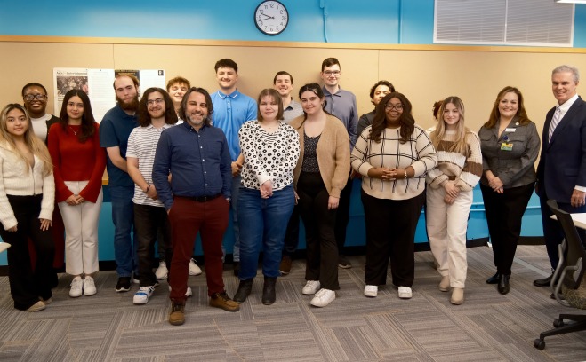 Live Saving Class Project Group Photo Students with Attorney General, President Hodge, and Kyle Moody