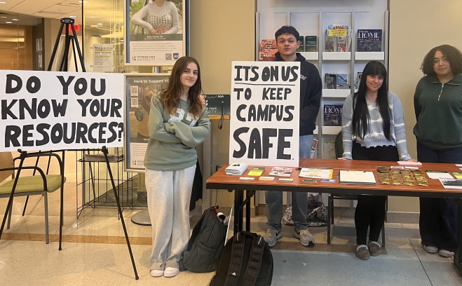 Group of students advertising stay safe on campus know your resources.