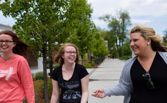 students walking and laughing