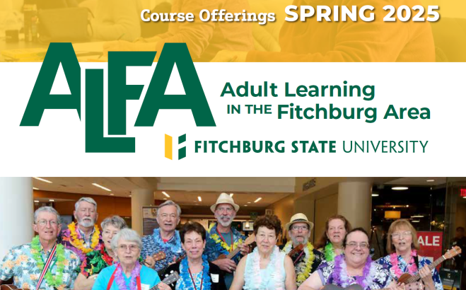 Photo of ALFA Spring brochure cover men and women with ukuleles