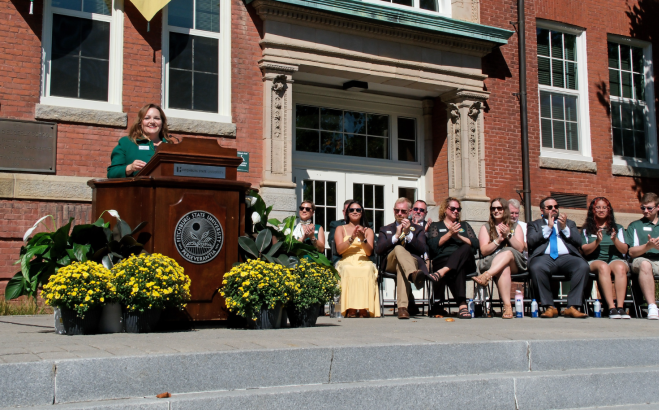 President Hodge at podium for State of the University Sept 4 2024