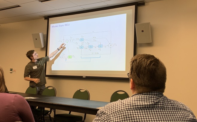 Cam Davis presenting in front of a white board