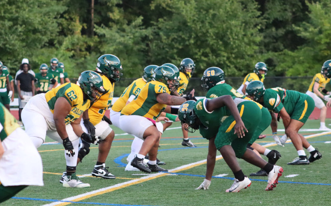 Football players getting ready for a play.