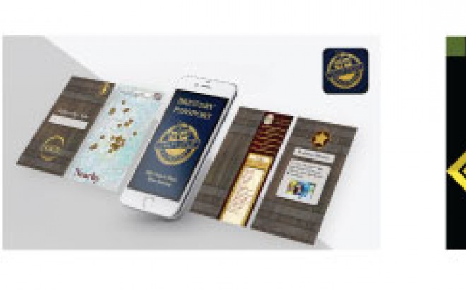 A passport app on a smartphone, illuminated colorful geometric shapes, and an information booklet