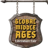 Illustration of a hanging wooden sign that states Global Middle Ages Literature Fair