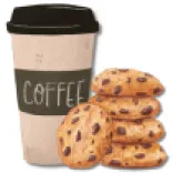 coffee cup and stack of chocolate chip cookies