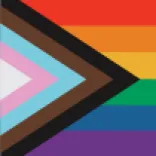 Progress Pride Flag with a rainbow striped background of red, orange, yellow, green, blue, and purple with a chevron triangle on the left side comprised of white, pink, light blue, brown, and black