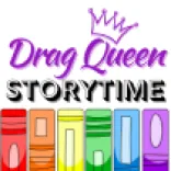 Cartoon of book spines in rainbow colors and a stylized logo with Drag Queen in purple script and a line drawing of a crown over the "Q" above a black and white capitalized block lettered "STORYTIME"