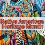 The words "Native American Heritage Month" in rusty orange overlaid on a close up of colorful traditional Native American beadwork attire.