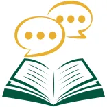 Illustrated icon of an open book in dark green with two conversation bubbles in gold above the book