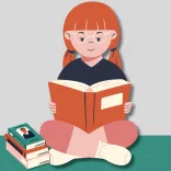Illustration of a child with red hair reading an orange book, with a stack of books beside them.